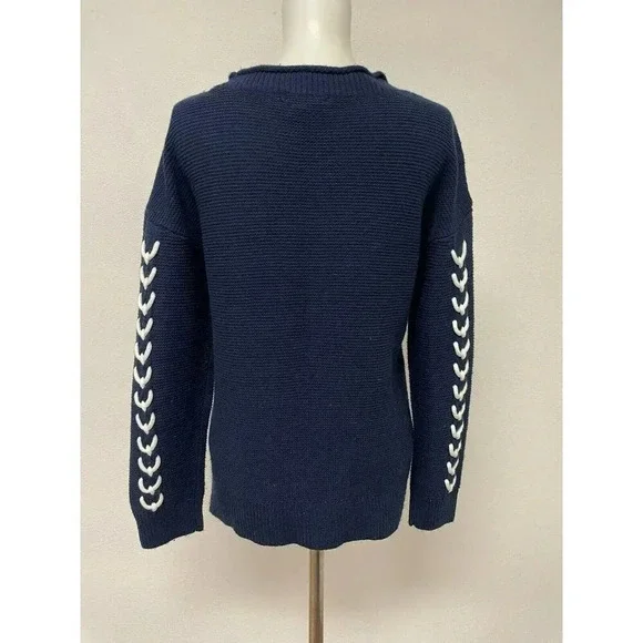 Venus Dark Navy Blue Sweater White Rope Detail Nautical Med. Knit, Comfy, Preppy - Picture 2 of 13